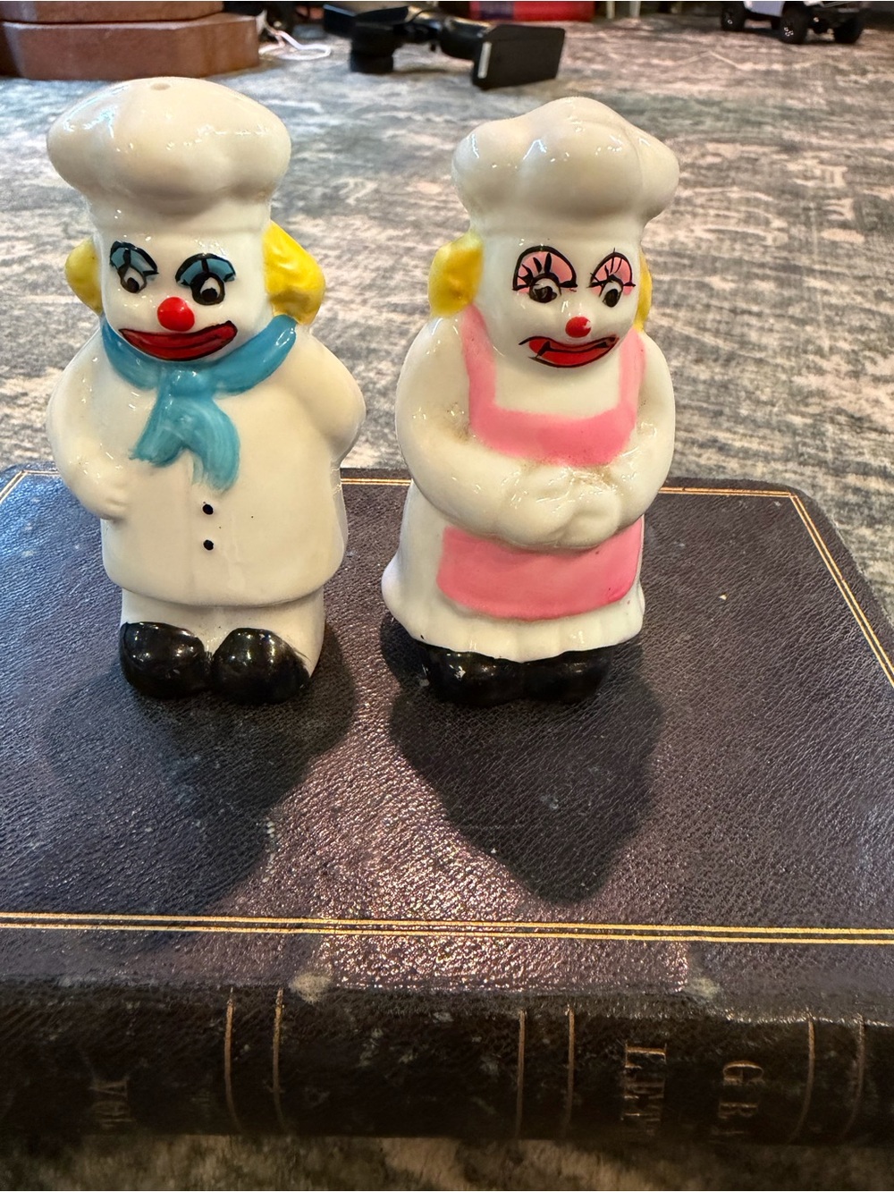 White Ceramic Clown Salt and Pepper Shaker Set with Blue and Pink Accents